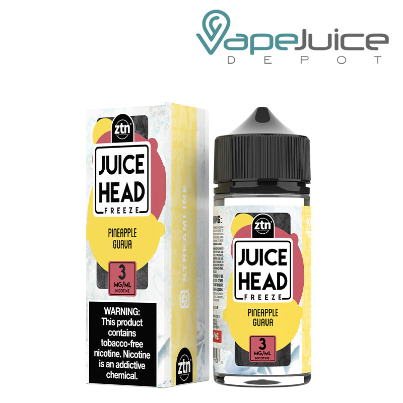 A box of 3mg Pineapple Guava Freeze ZTN Juice Head with a warning sign and a 100ml bottle next to it - Vape Juice Depot