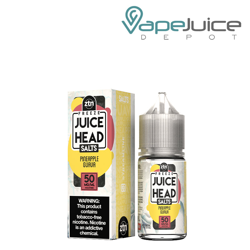 A Box of 50mg Pineapple Guava Freeze ZTN Salts Juice Head with a warning sign and a 30ml bottle next to it - Vape Juice Depot