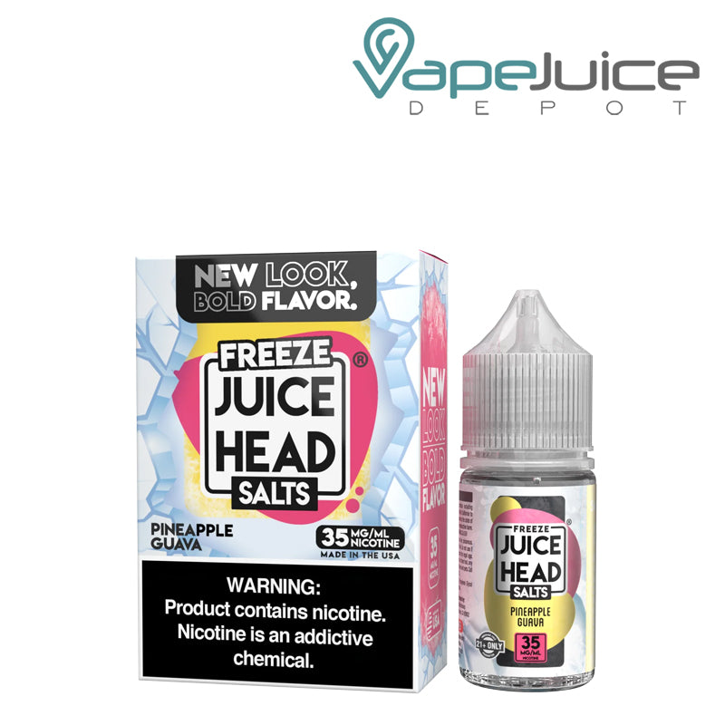 A Box of Pineapple Guava Freeze ZTN Salts Juice Head with a warning sign and a 30ml bottle next to it - Vape Juice Depot