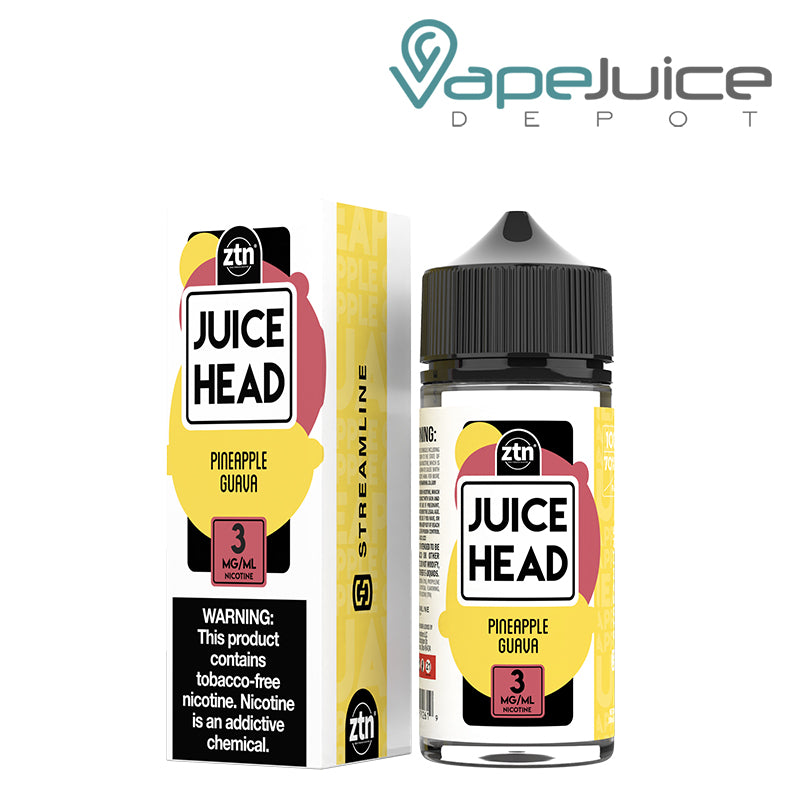 A box of 3mg Pineapple Guava ZTN Juice Head with a warning sign and a 100ml bottle next to it - Vape Juice Depot