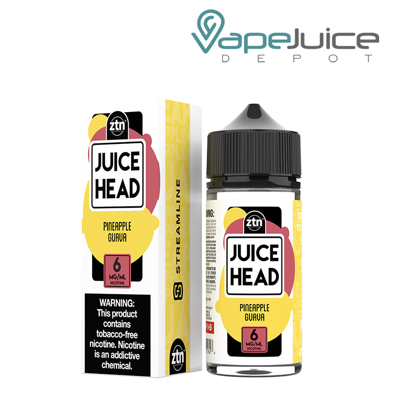 A box of 6mg Pineapple Guava ZTN Juice Head with a warning sign and a 100ml bottle next to it - Vape Juice Depot