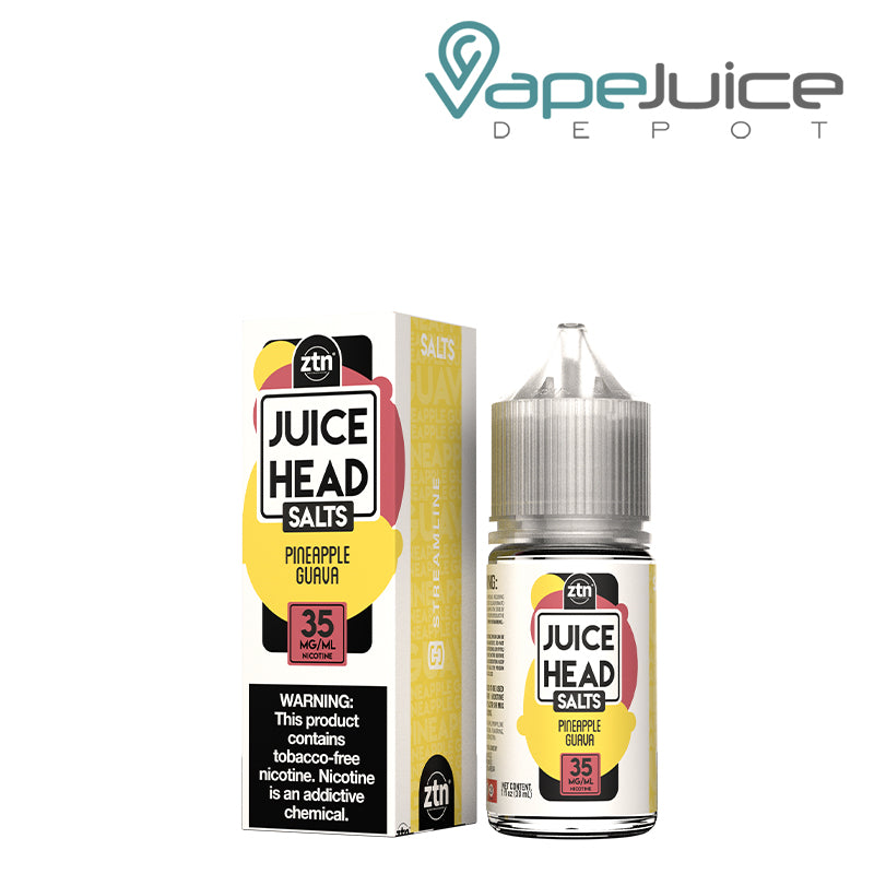 A Box of 35mg Pineapple Guava ZTN Salts Juice Head with a warning sign and a 30ml bottle next to it - Vape Juice Depot