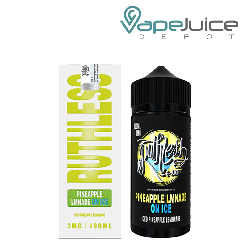 A Box of Pineapple LMNADE On Ice Ruthless Vapor and a 100ml Bottle next to it - vape Juice Depot