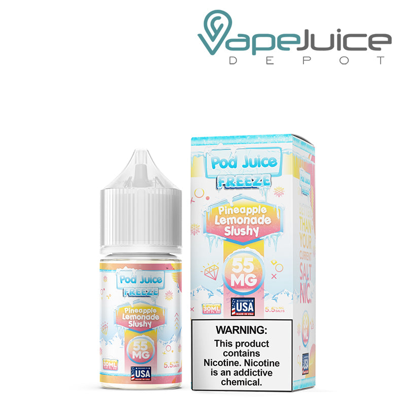 A 30ml bottle of Pineapple Lemonade Slushy Freeze Pod Juice TFN Salt and a box with a warning sign next to it - Vape Juice Depot