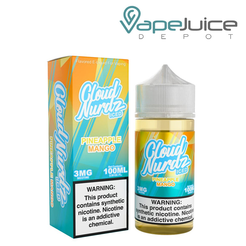 A Box of Pineapple Mango Ice TFN Cloud Nurdz and a 100ml Bottle next to it - Vape Juice Depot