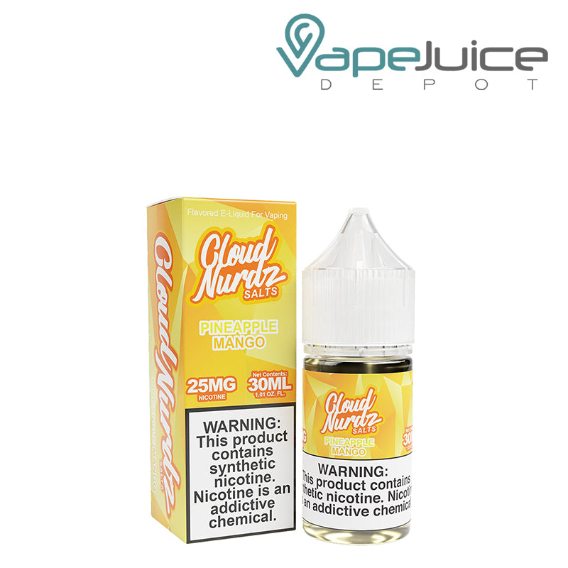 A Box of Pineapple Mango TFN Salts Cloud Nurdz with a warning sign and a 30ml Bottle next to it - Vape Juice Depot