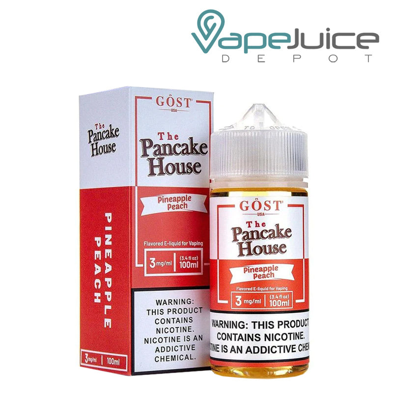 A box of Pineapple Peach The Pancake House and a 100ml unicorn bottle with a warning sign next to it - Vape Juice Depot