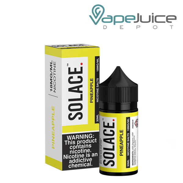 A box of Pineapple Solace Salts 18mg with a warning sign and a 30m bottle next to it - Vape Juice Depot