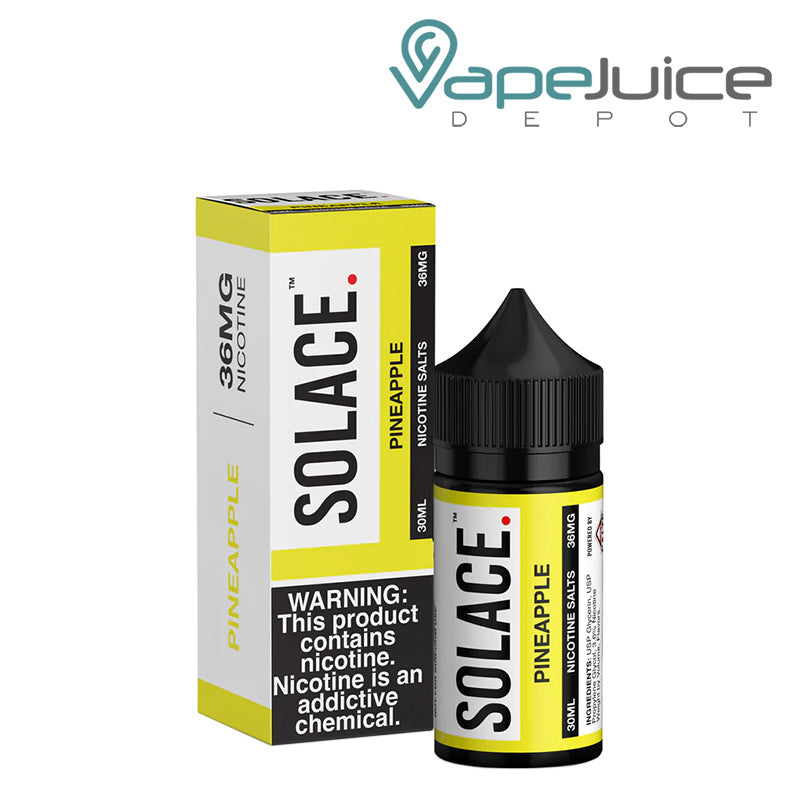 A box of Pineapple Solace Salts 36mg with a warning sign and a 30m bottle next to it - Vape Juice Depot
