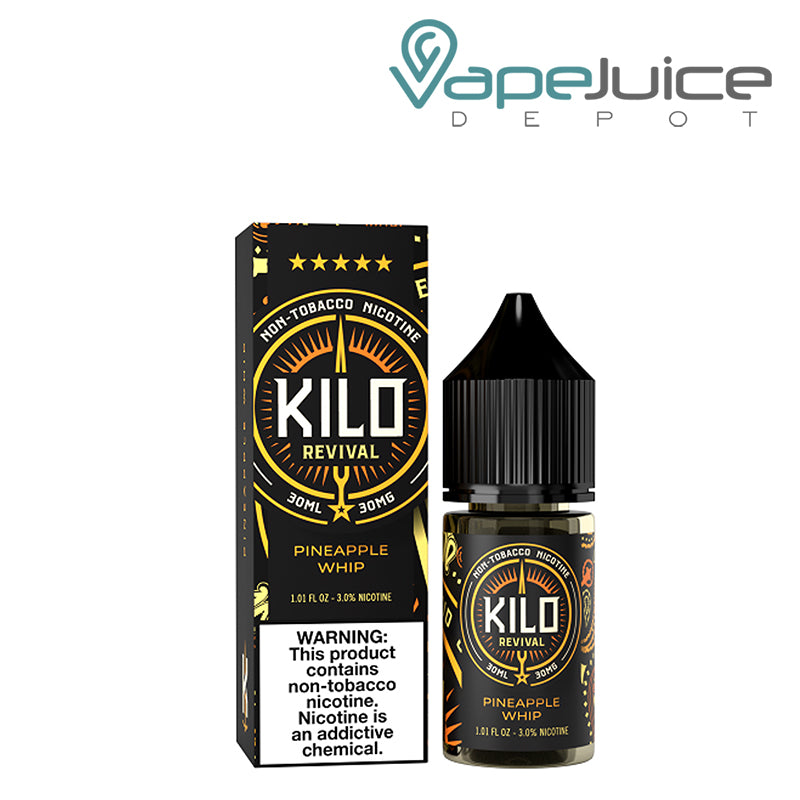 A 30ml bottle of Pineapple Whip Ice Kilo Revival TFN Salt  and a box with a warning sign next to it - Vape Juice Depot
