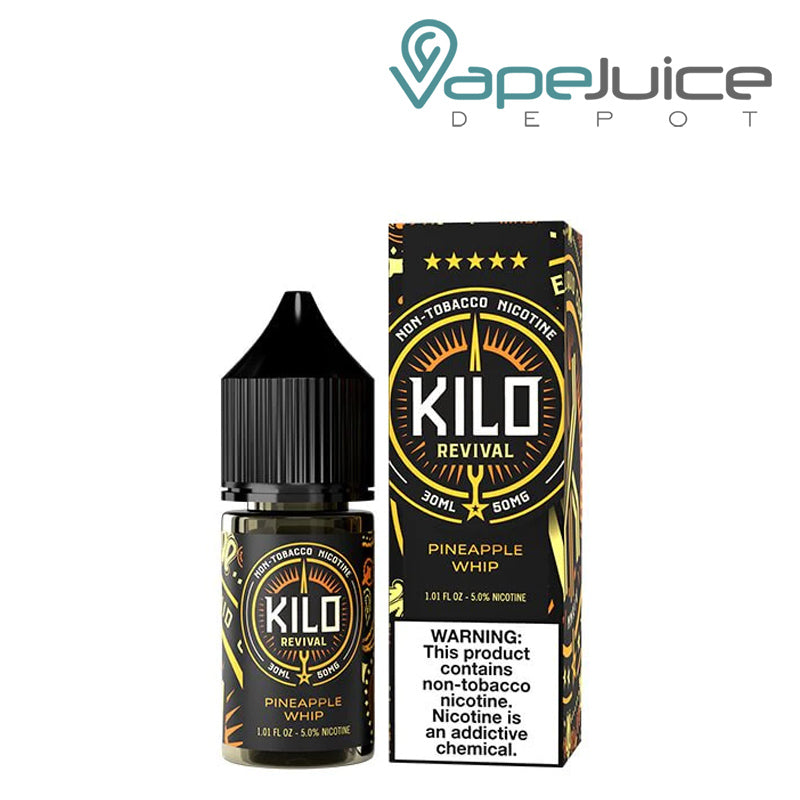 A 30ml bottle of Pineapple Whip Kilo Revival TFN Salt and a box with a warning sign next to it - Vape Juice Depot
