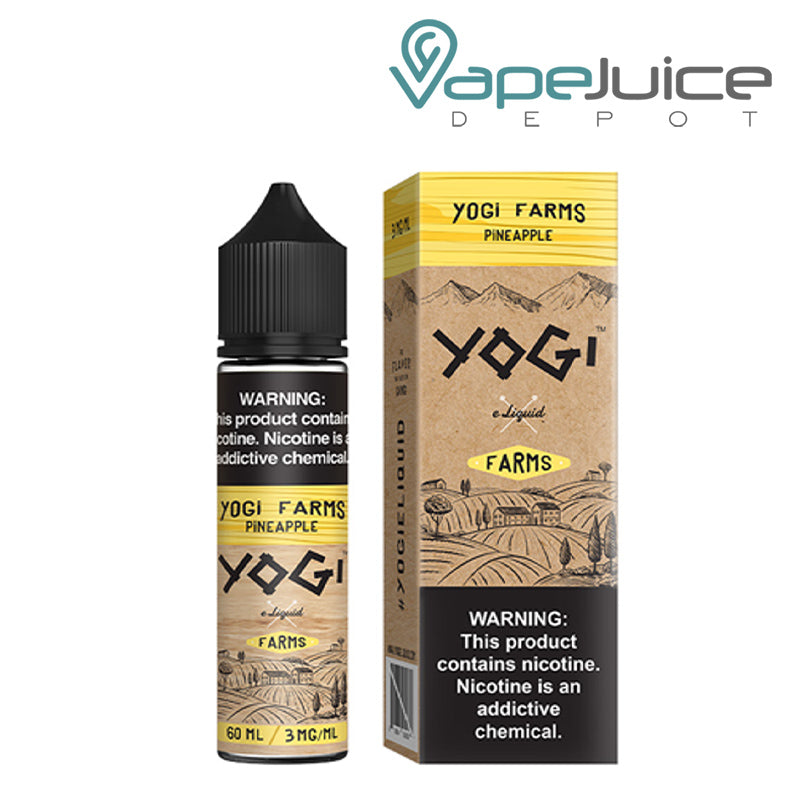 A bottle of Pineapple YOGI Farms eLiquid 60ml and a box with a warning sign - Vape Juice Depot