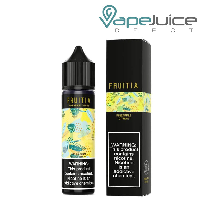 A 60ml bottle of Pineapple Citrus Fruitia Fresh Farms with a warning sign and a box next to it - Vape Juice Depot