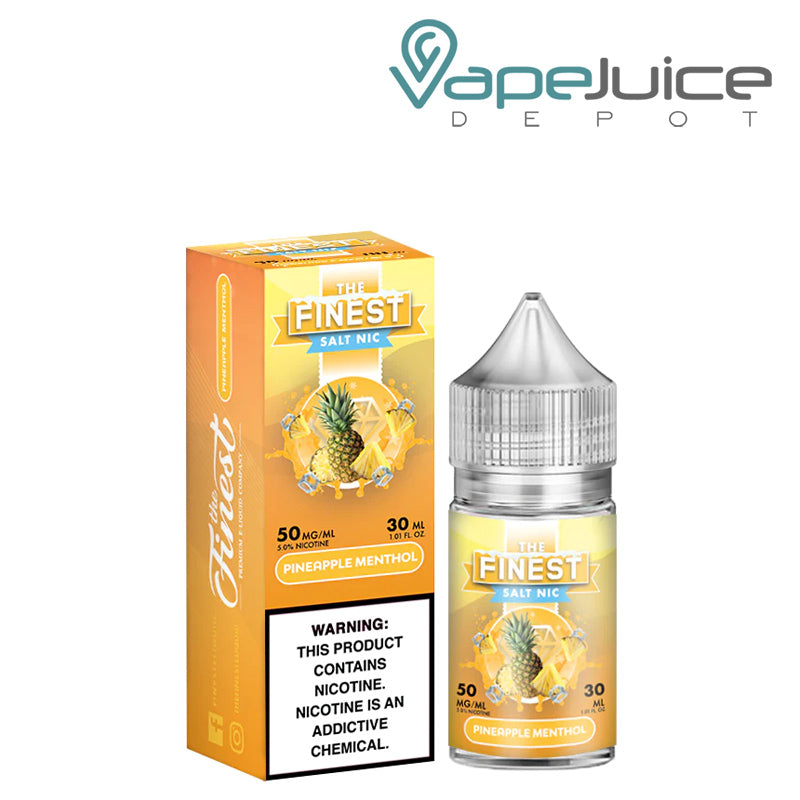 A box of Pineapple Menthol Finest SaltNic Series with a warning sign and a 30ml box next to it - Vape Juice Depot