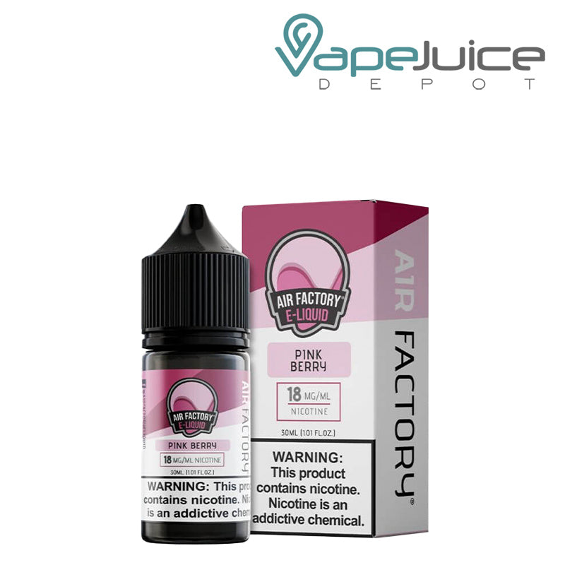 A 30ml bottle of Pink Berry Air Factory Salts and a box with a warning sign next to it - Vape Juice Depot