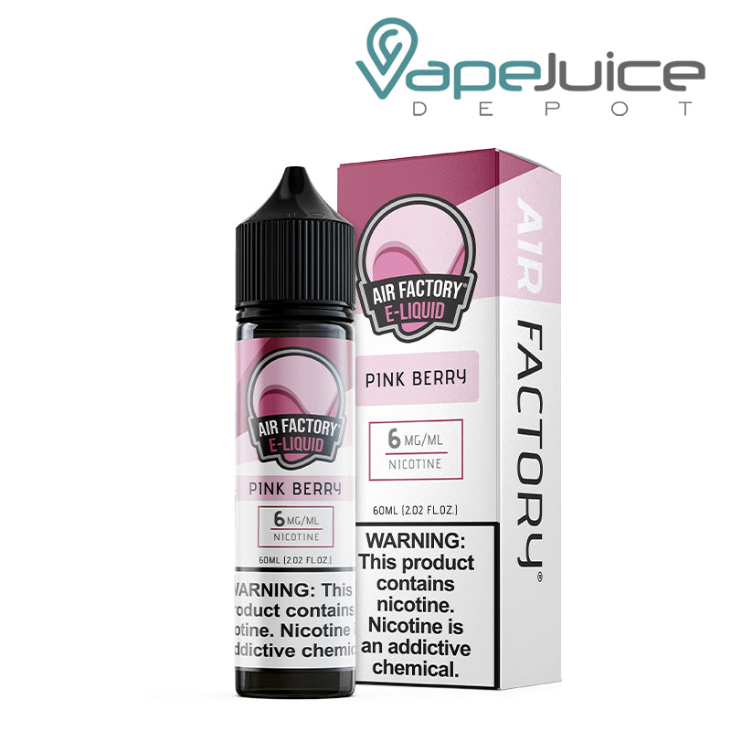 A 60ml bottle of Pink Berry Air Factory eLiquid 6mg and a box with a warning sign next to it - Vape Juice Depot