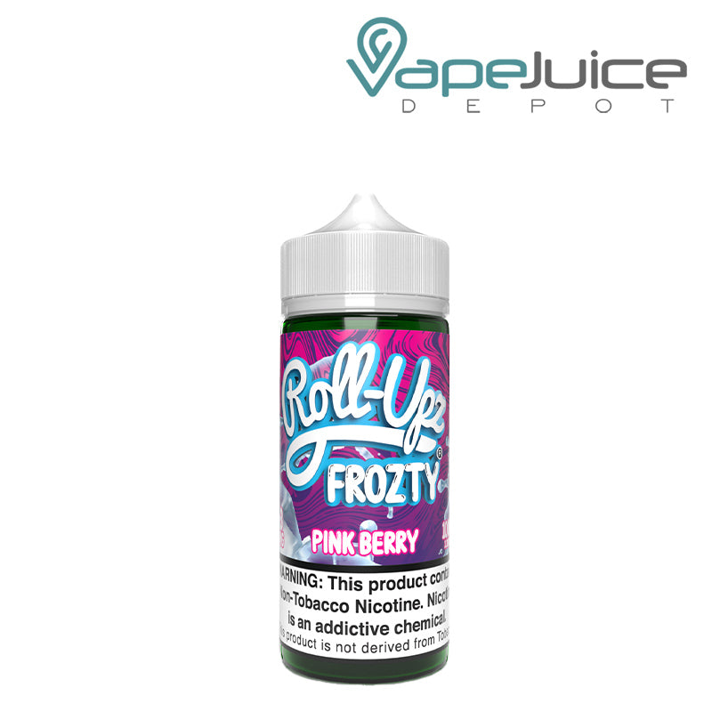 A 100ml bottle of Pink Berry Ice Juice Roll Upz with a warning sign - Vape Juice Depot