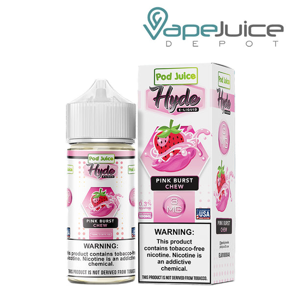 A 100ml bottle of Pink Burst Chew Hyde Pod Juice TFN with a warning sign and a box with a warning sign next to it - Vape Juice Depot