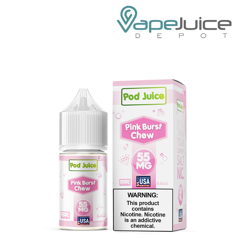 A 30ml bottle of Pink Burst Pod Juice TFN Salt and a box with a warning sign next to it - Vape Juice Depot