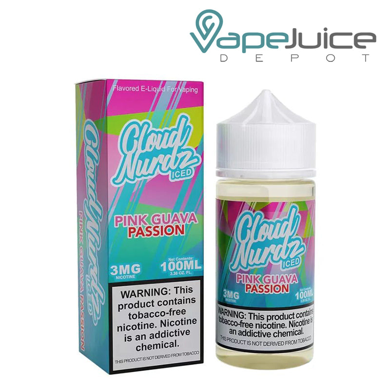 A Box of Pink Guava Passion Iced TFN Cloud Nurdz with a warning sign and a 100ml bottle next to it - Vape Juice Depot