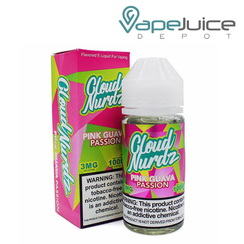 A Box of Pink Guava Passion TFN Cloud Nurdz with a warning sign and a 100ml bottle next to it - Vape Jucie Depot