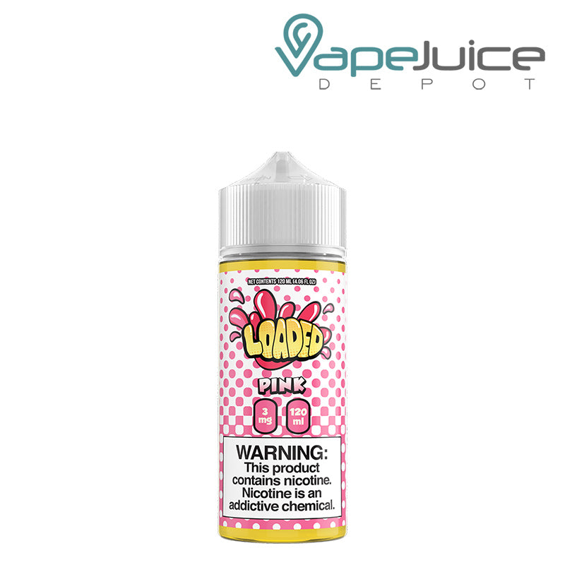 A 120ml bottle of Pink LOADED eLiquid with a warning sign - Vape Juice Depot