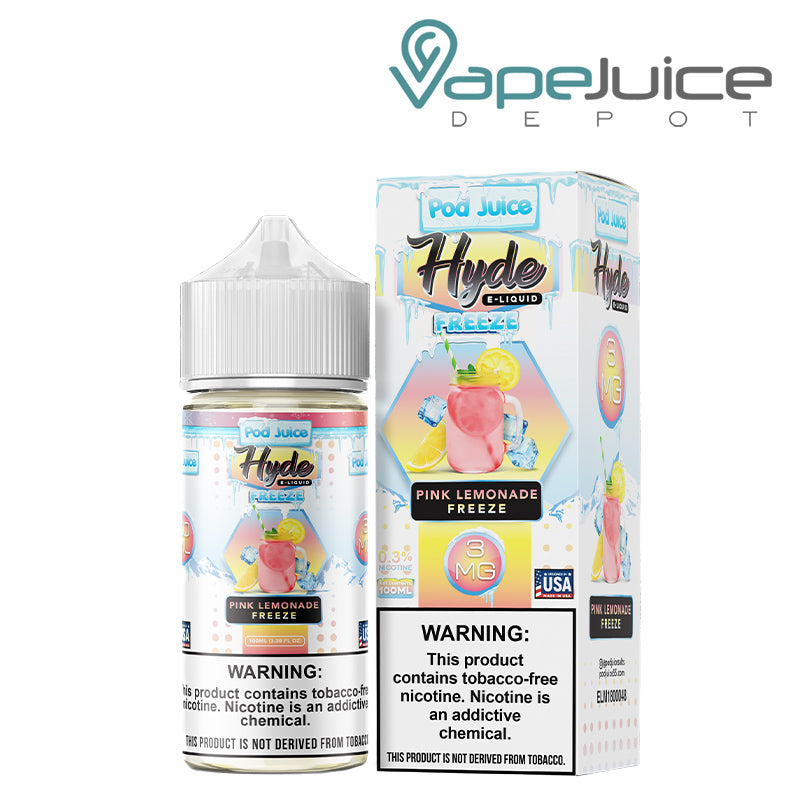 A 100ml bottle of Pink Lemonade Freeze Hyde Pod Juice TFN with a warning sign and a box next to it - Vape Juice Depot
