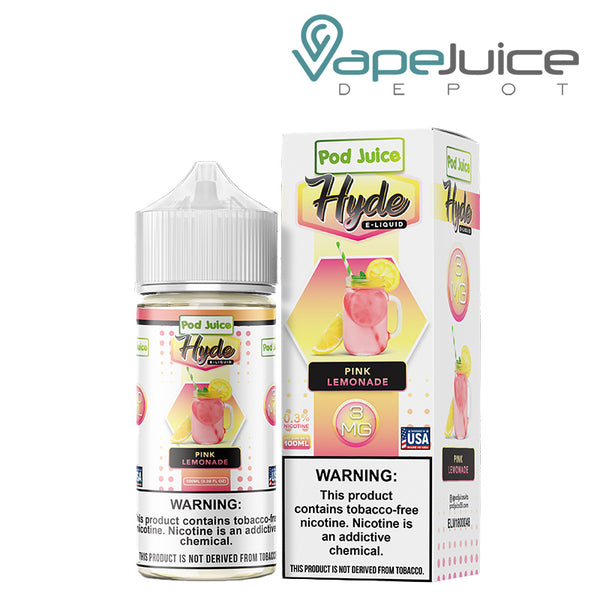 A 100ml bottle of Pink Lemonade Hyde Pod Juice TFN with a warning sign and a box with a warning sign next to it - Vape Juice Depot
