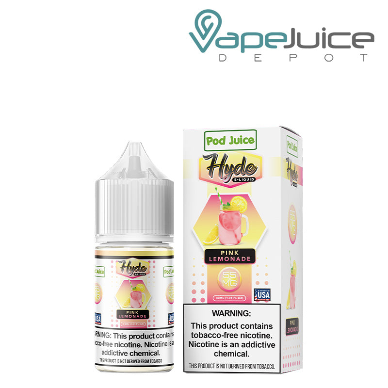 A 30ml bottle of Pink Lemonade Hyde Pod Juice TFN Salt and a box with a warning sign next to it - Vape Juice Depot