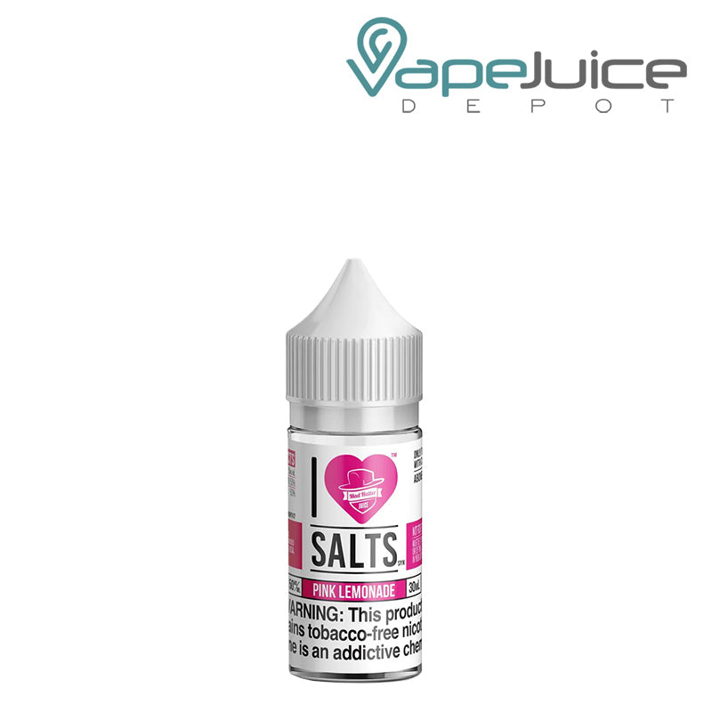 A 30ml bottle of Pink Lemonade I Love Salts by Mad Hatter with a warning sign - Vape Juice Depot