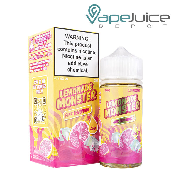 A box of Pink Lemonade Lemonade Monster with a warning sign and a 100ml bottle next to it - Vape Juice Depot