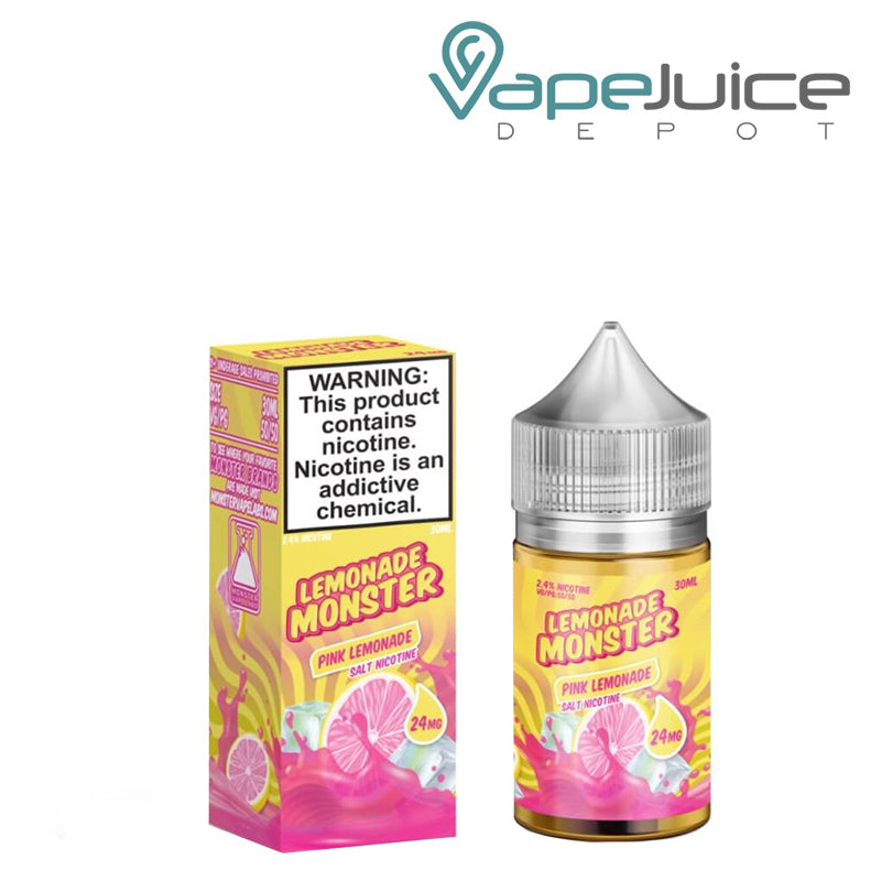 A box of Pink Lemonade Lemonade Monster Salt with a warning sign and a 30ml bottle next to it - Vape Juice Depot