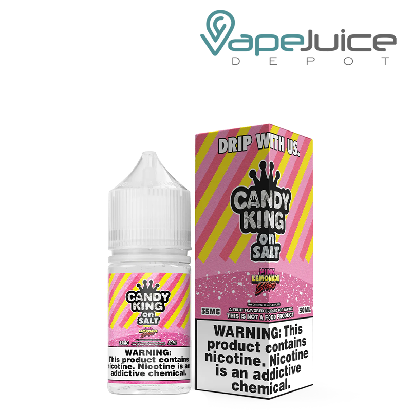A 30ml bottle of Pink Lemonade Strips Candy King On Salt and a box with a warning sign next to it - Vape Juice Depot