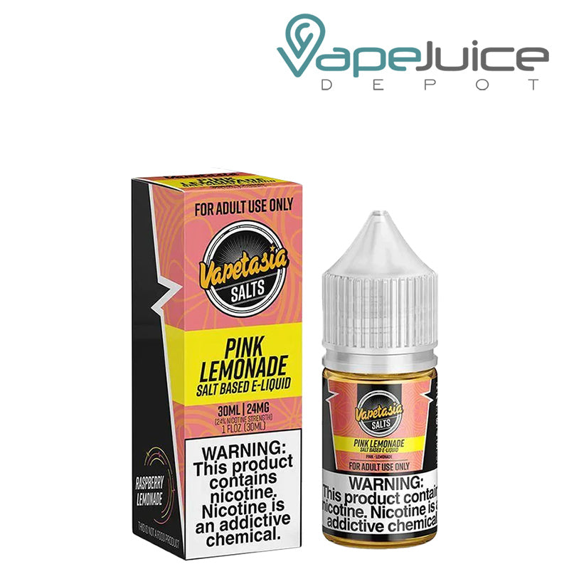 A box of Pink Lemonade Vapetasia Salts with a warning sign and a 30ml bottle next to it - Vape Juice Depot