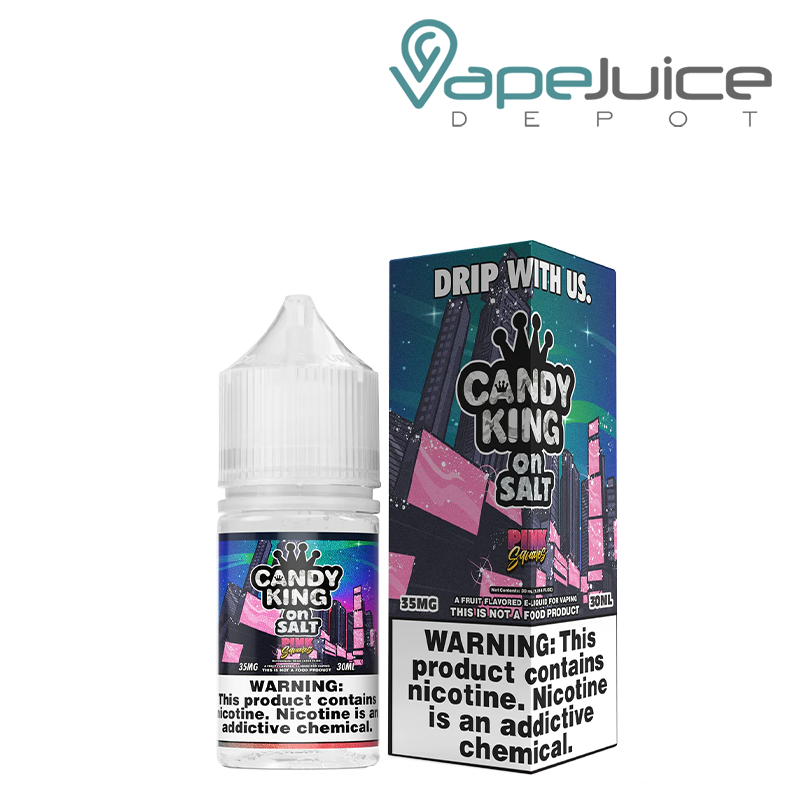 A 30ml bottle of Pink Squares Candy King On Salt and a box with a warning sign next to it - Vape Juice Depot