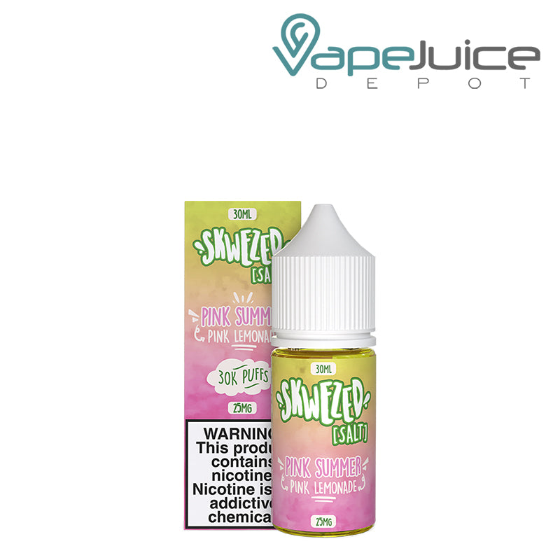 A Box of Pink Summer Skwezed Salt with a warning sign and a 30ml bottle next to it - Vape Juice Depot