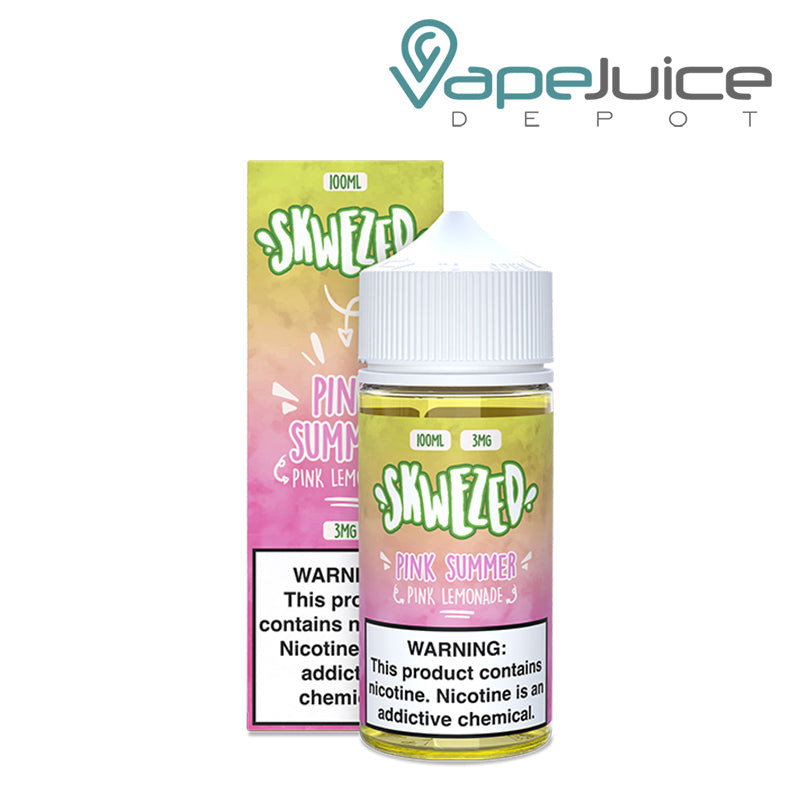 Pink Summer Skwezed eLiquid box with a warning sign next to its bottle -100ml