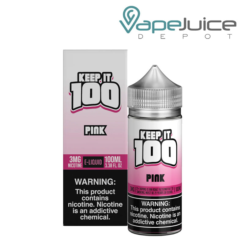 A box of Pink (OG Pink) Keep It 100 TFN eLiquid with a warning sign and a 100ml bottle next to it - Vape Juice Depot