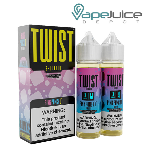 A box of Pink Punch 0 Twist E-Liquid with a warning sign and two 60ml bottles next to it - Vape Juice Depot