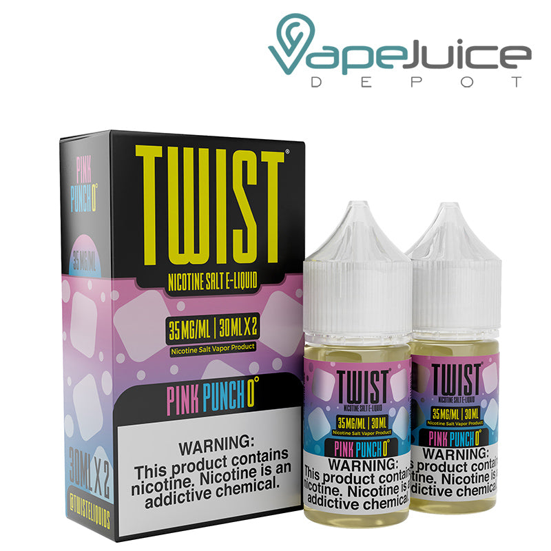 A box of Pink Punch 0° Twist Salt 35mg e-Liquid with a warning sign and two 30ml bottles next to it - Vape Juice Depot