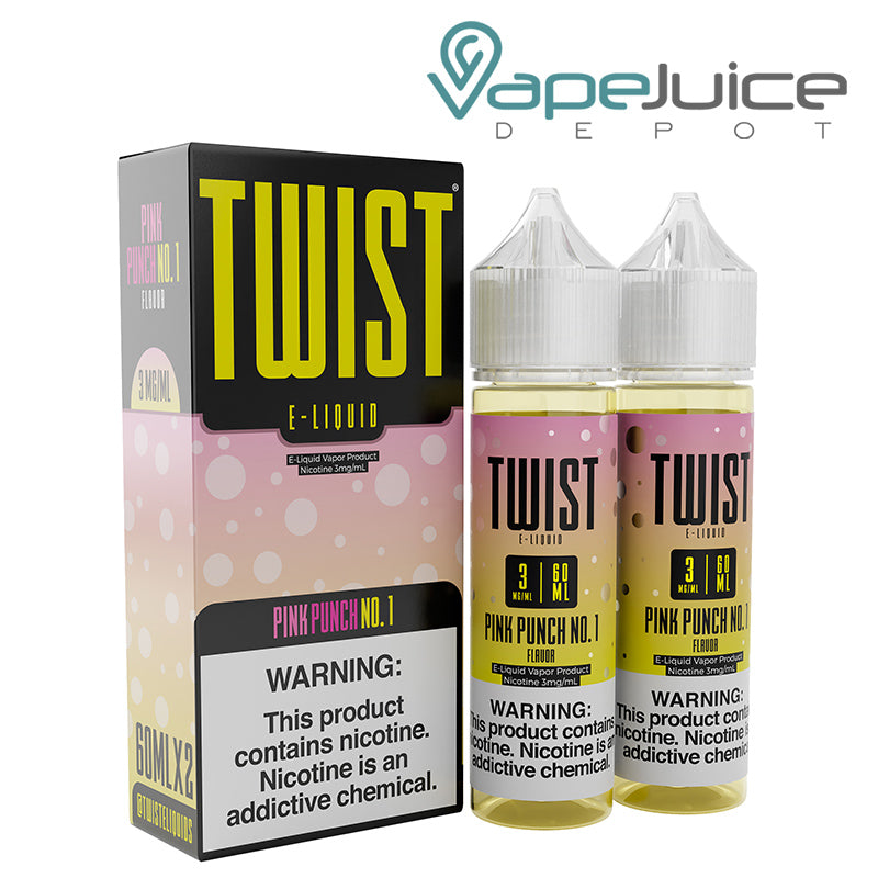 A box of Pink Punch No. 1 Twist 3mg e-Liquid with a warning sign and two 60ml bottles next to it - Vape Juice Depot