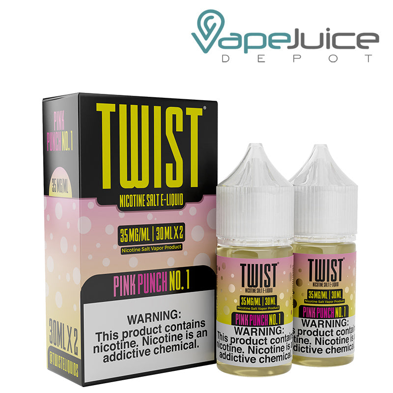 A box of Pink Punch No 1 Twist Salt 35mg e-Liquid with a warning sign and two 30ml bottles next to it - Vape Juice Depot