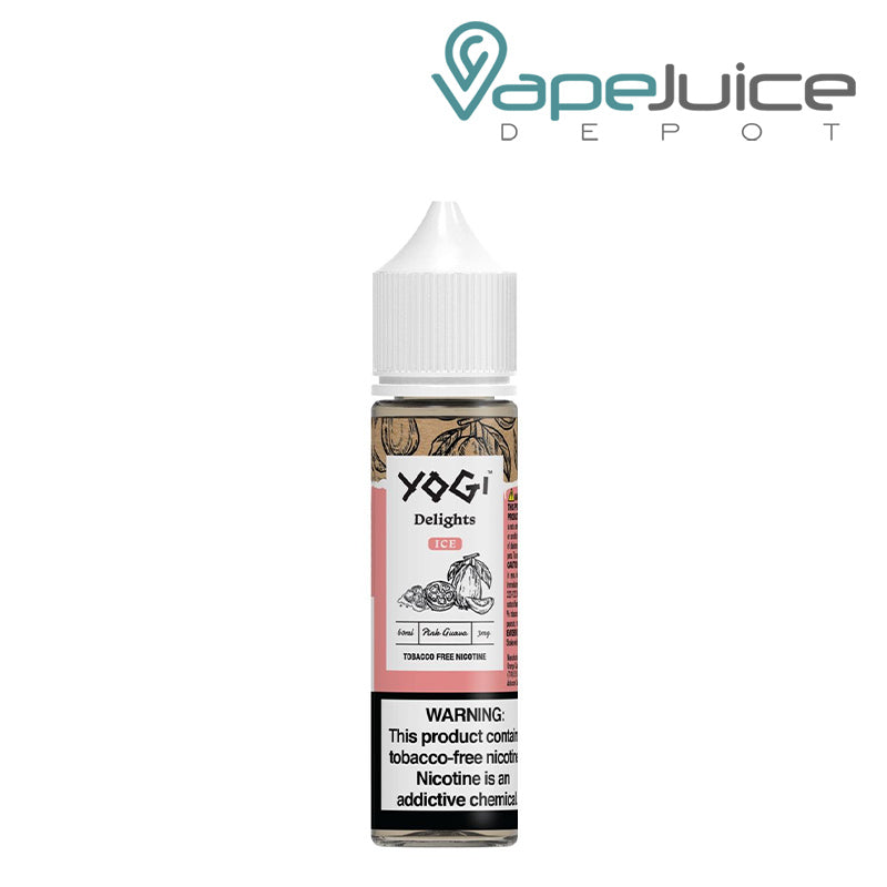 A bottle of Pink Guava Ice YOGI Delights 60ml with a warning sign - Vape Juice Depot