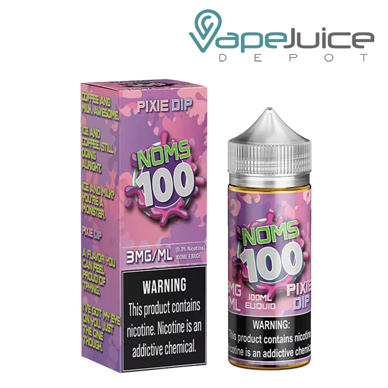 A Bottle of Pixie Dip Noms 100 Series eLiquidwith a warning sign next to 100ml bottle - Vape Juice Depot