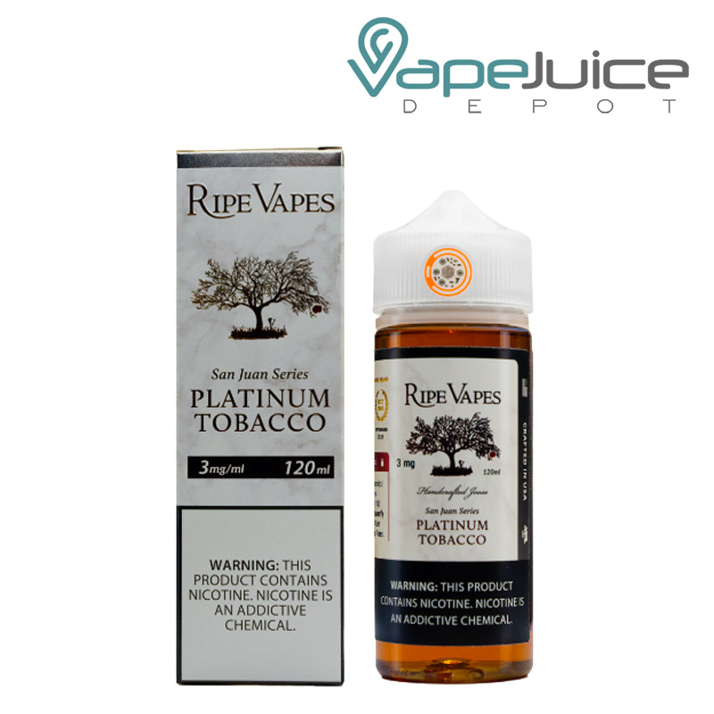 A Box of Platinum Tobacco Ripe Vapes eLiquid with a warning sign and a 120ml bottle next to it - Vape Juice Depot