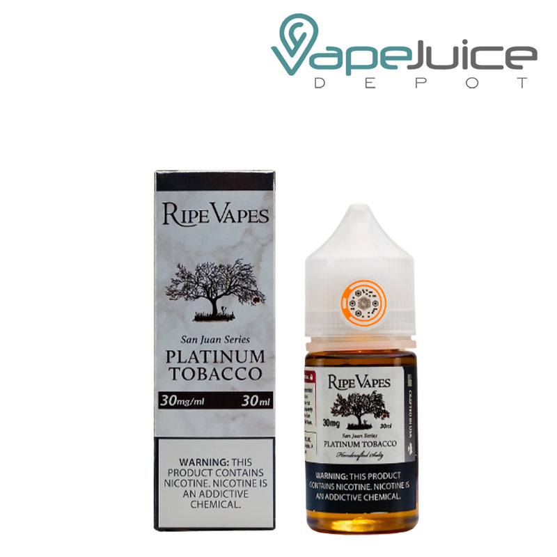 A Box of Platinum Tobacco Saltz Ripe Vapes with a warning sign and a 30ml bottle next to it - Vape Juice Depot
