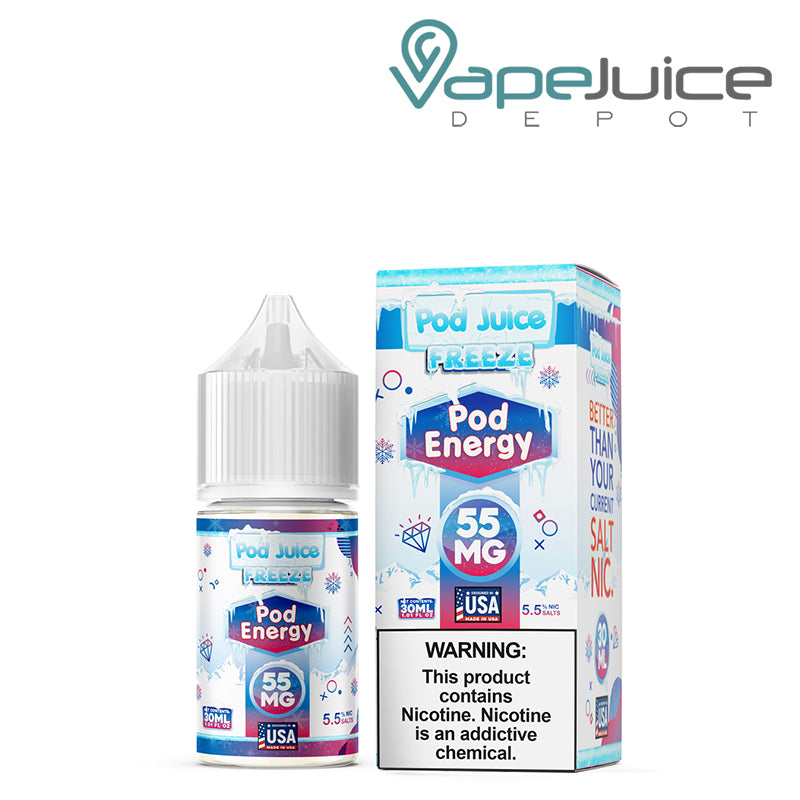 A 30ml bottle of Pod Energy Freeze Pod Juice TFN Salt and a box with a warning sign next to it - Vape Juice Depot