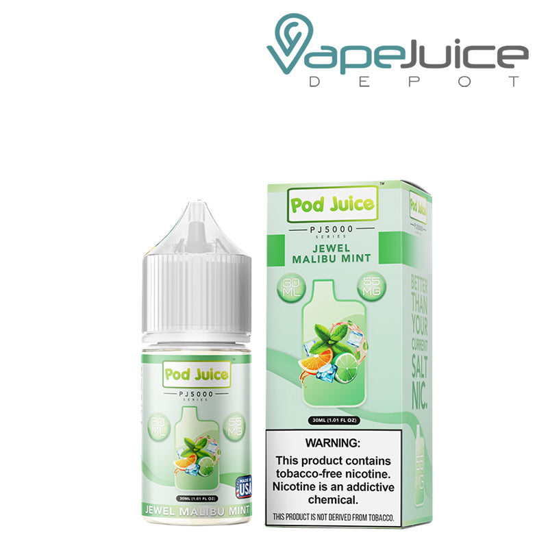 A 30ml bottle of Jewel Malibu Mint Pod Juice PJ 5000 Series TFN Salt and a box with a warning sign next to it - Vape Juice Depot