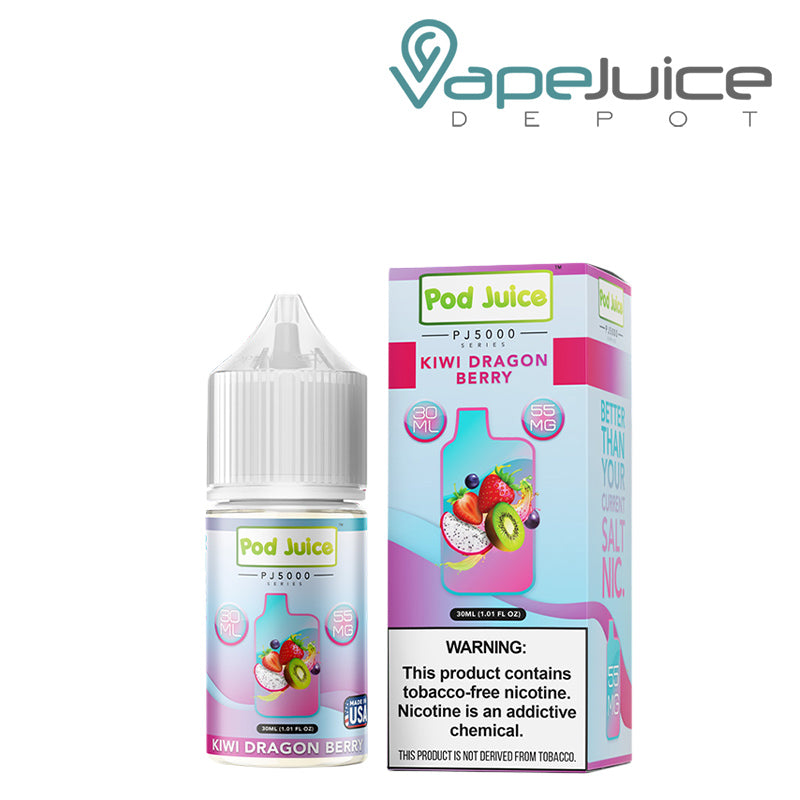 A 30ml bottle of Kiwi Dragon Berry Pod Juice PJ 5000 Series TFN Salt and a box with a warning sign next to it - Vape Juice Depot