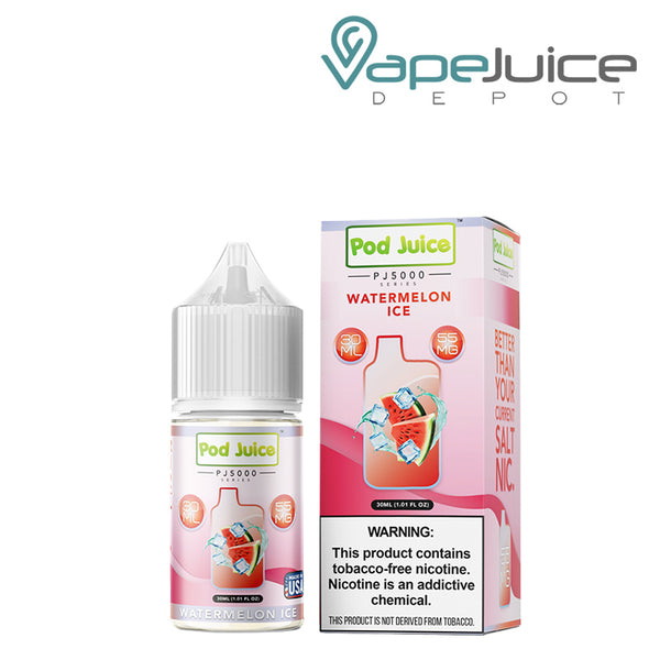 A 30ml bottle of Watermelon Ice Pod Juice PJ 5000 Series TFN Salt and a box with a warning sign next to it - Vape Juice Depot